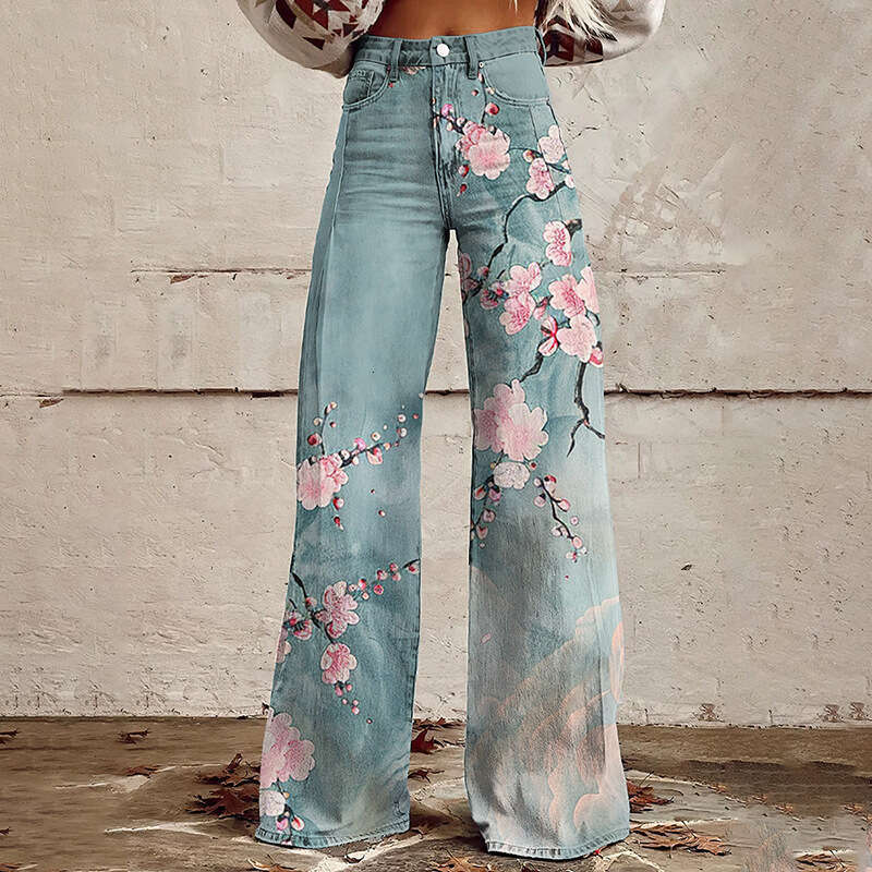 Women's High-Waisted Printed Stretch Wide-Leg Casual Jeans - Fashionable & Comfy