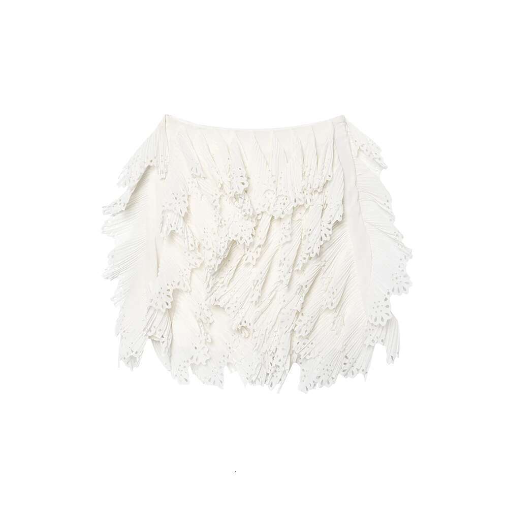 INS Fashion Sweet White High Waist Side Zipper Hollow Out Pleated Design Women Mini Solid Skirt ZATT 2025 Spring New