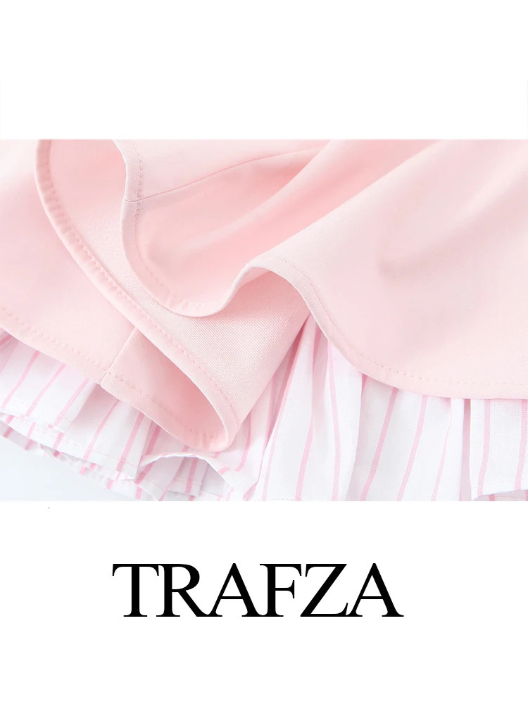 TRAFZA Womens Summer Sweet Round Neck Pink Striped Short Sling Dress Female Elegant Pleated Sexy Slim Mini Sleeveless 250520