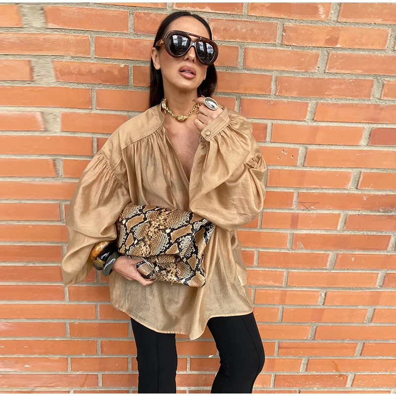 Fashion Long Puff Sleeve Blouses For Women Spring Chic Vneck Pullover Shirts Summer Holiday Lady Street Beach Party Tops 250520
