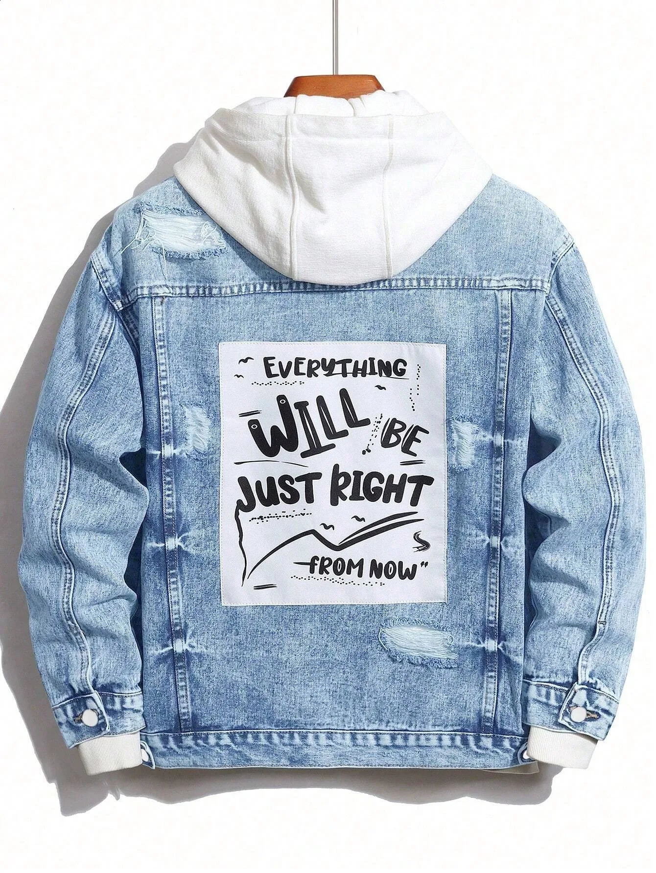 1PC Mens Four Seasons Style Letter Stone Washed Light Blue Flight Jacket Daily American Street Casual Denim 250516