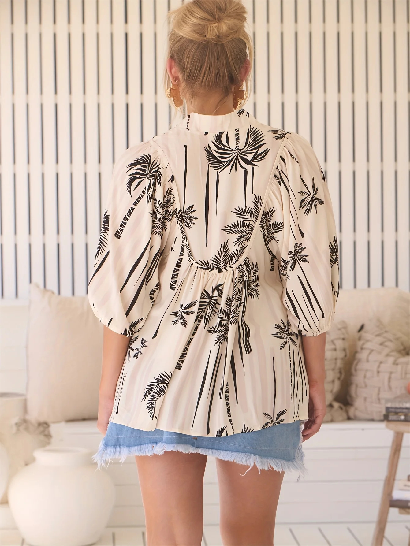 Plus Size Womens Elegant Beach Shirt Slightly Stretch Fabric Random Print Pattern Threequarter Sleeve Beachwear Tropical 250514