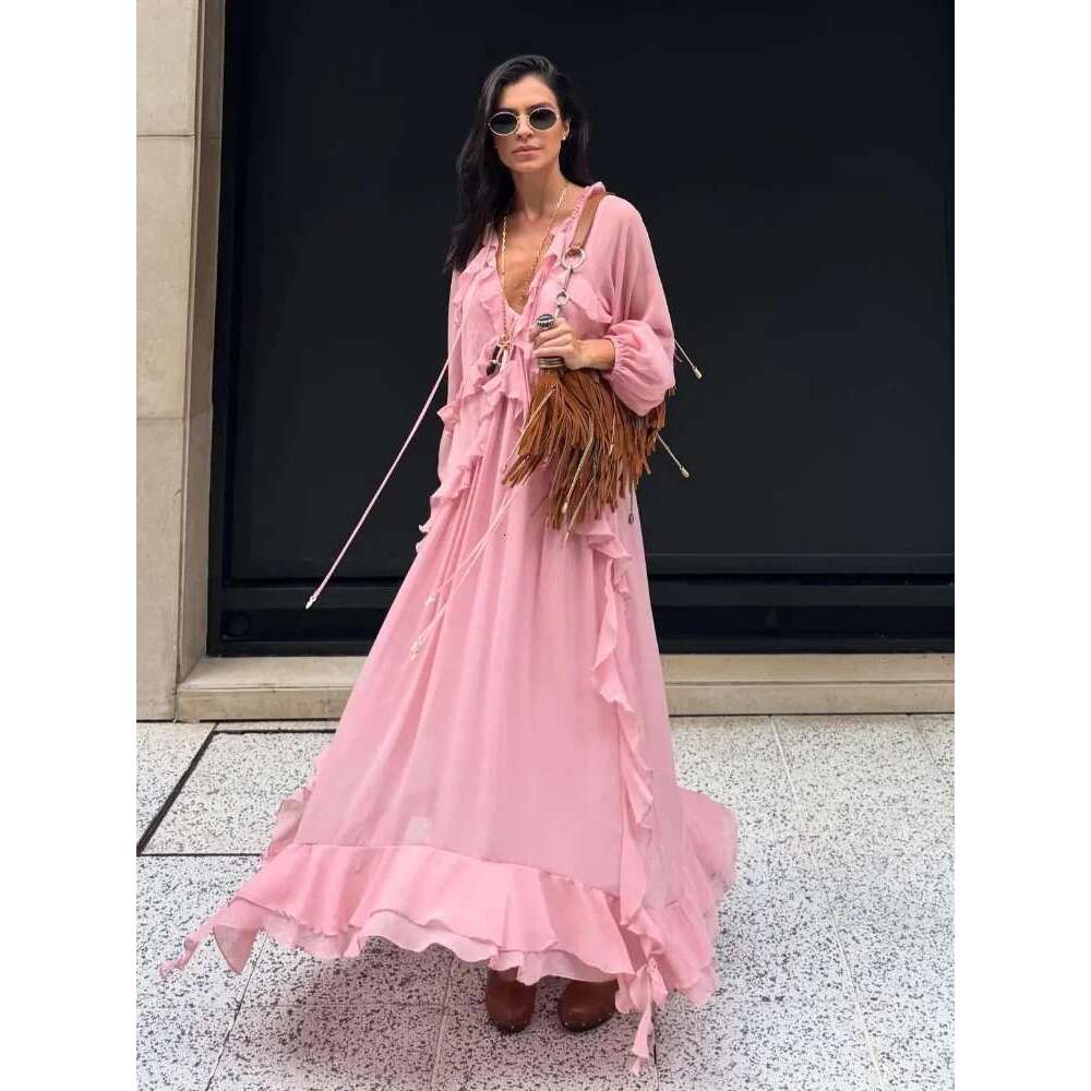 Elegant Solid Multiple Flounces Full Sleeve Robes Chic Loose V Neck Lace Up Pleated Dresses New Lady Summer Party Club Gown 2025 Designer