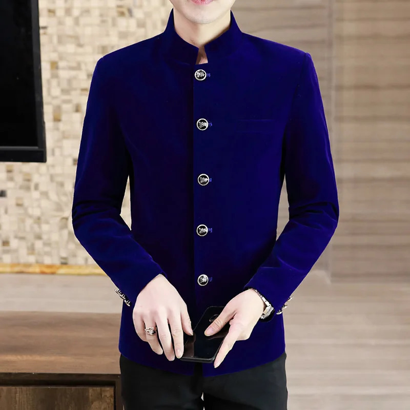 Mens Light Golden Velvet Coat Youth Fashion Trend Solid Color Stand Collar MAO Suit Handsome Boutique Item 250514