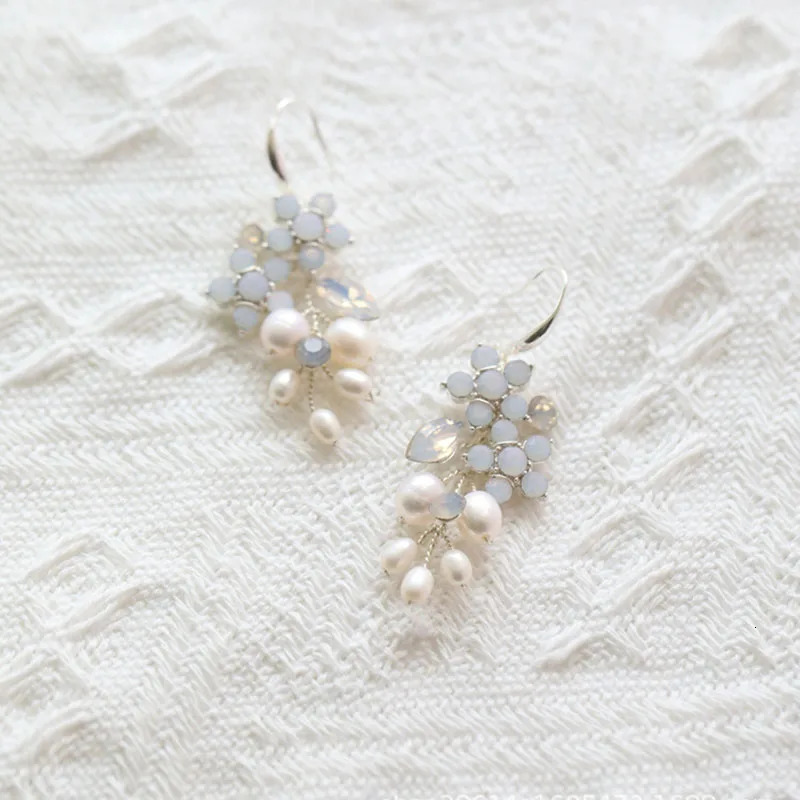 SLBRIDAL Ins Sparkling Opal Crystal Rhinestones Porcelain Flower Freshwater Pearls Bridal Wedding Earring Women Girls Earrings 250517