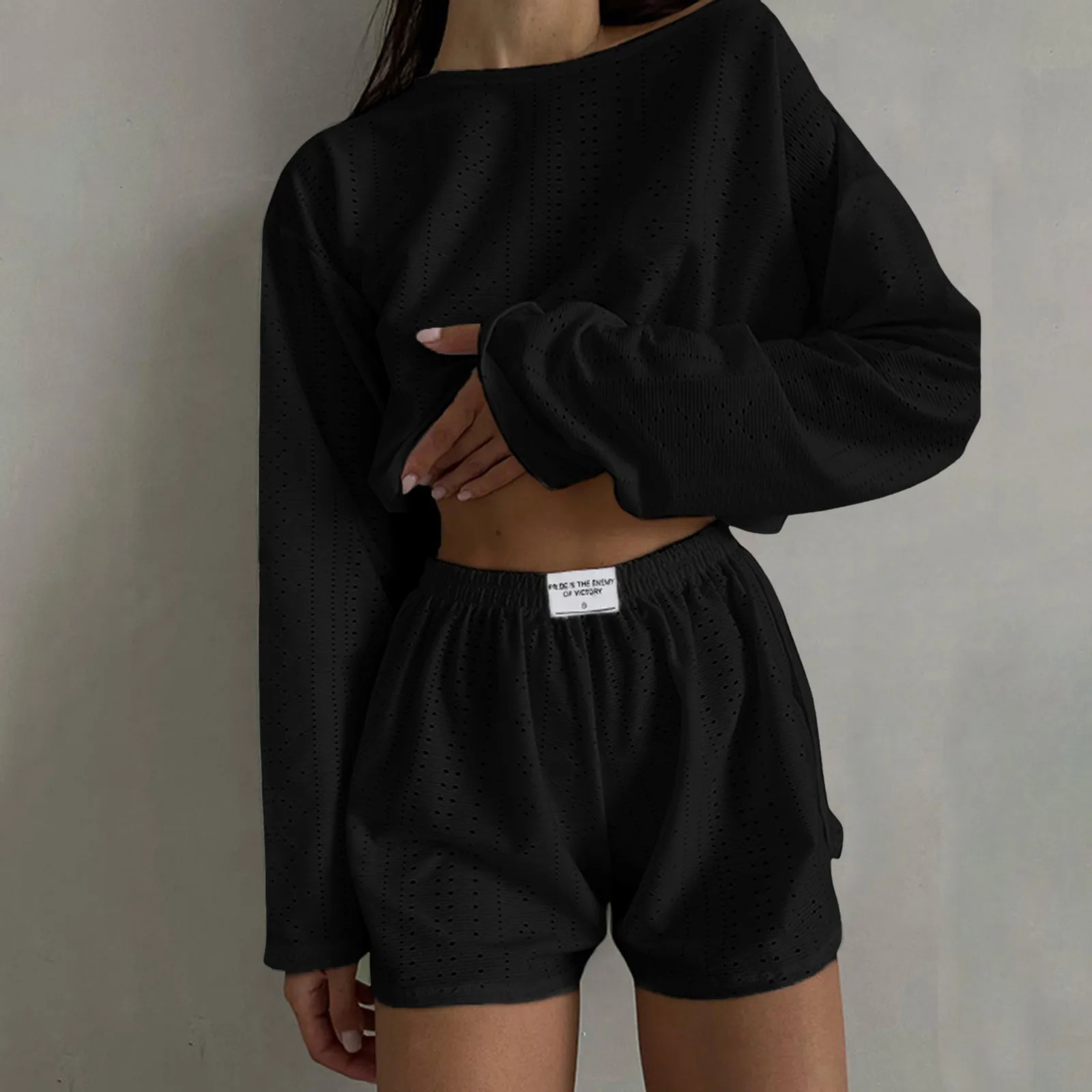 Womens Summer Fashion Casual Two Piece Outfits Casual Shorts Set O Neck Long Sleeve Tops And Shorts Swim Short Suits for Women 250516