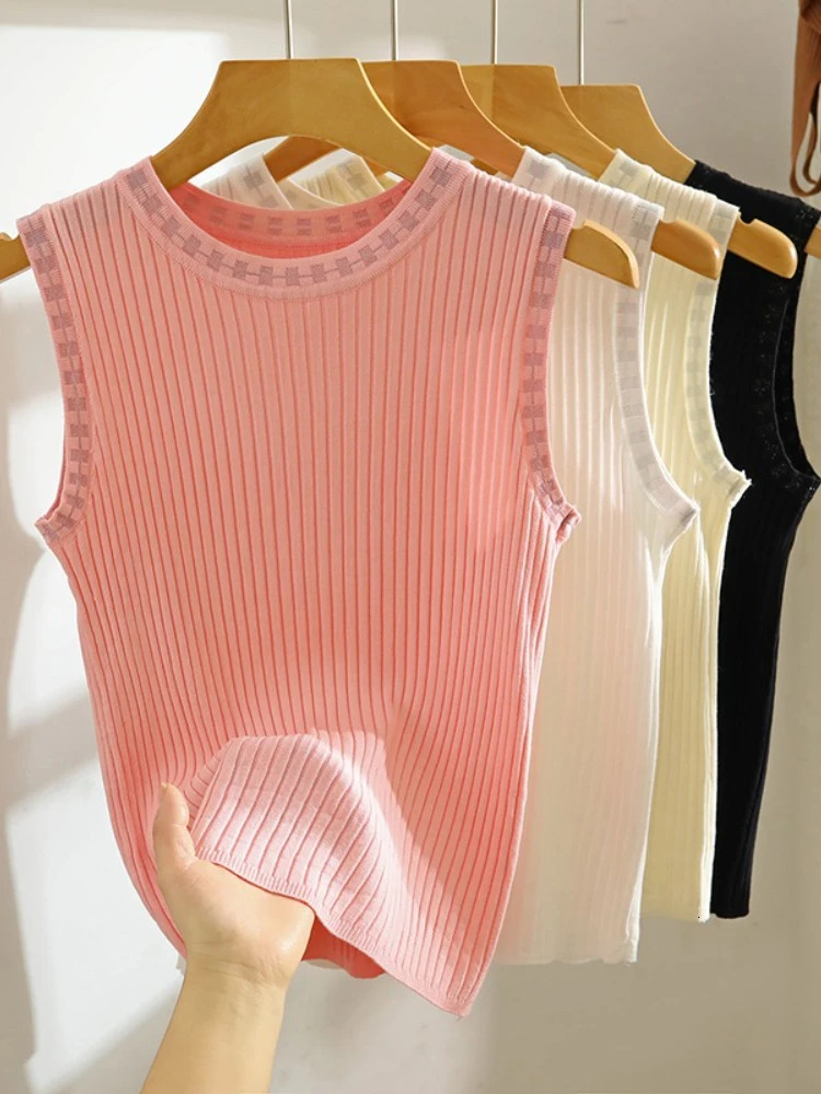 Knitted Tops Neck Summer Basic Shirts White Black Casual Sport Vest Off Shoulder Thin Womens Tank Top 250519