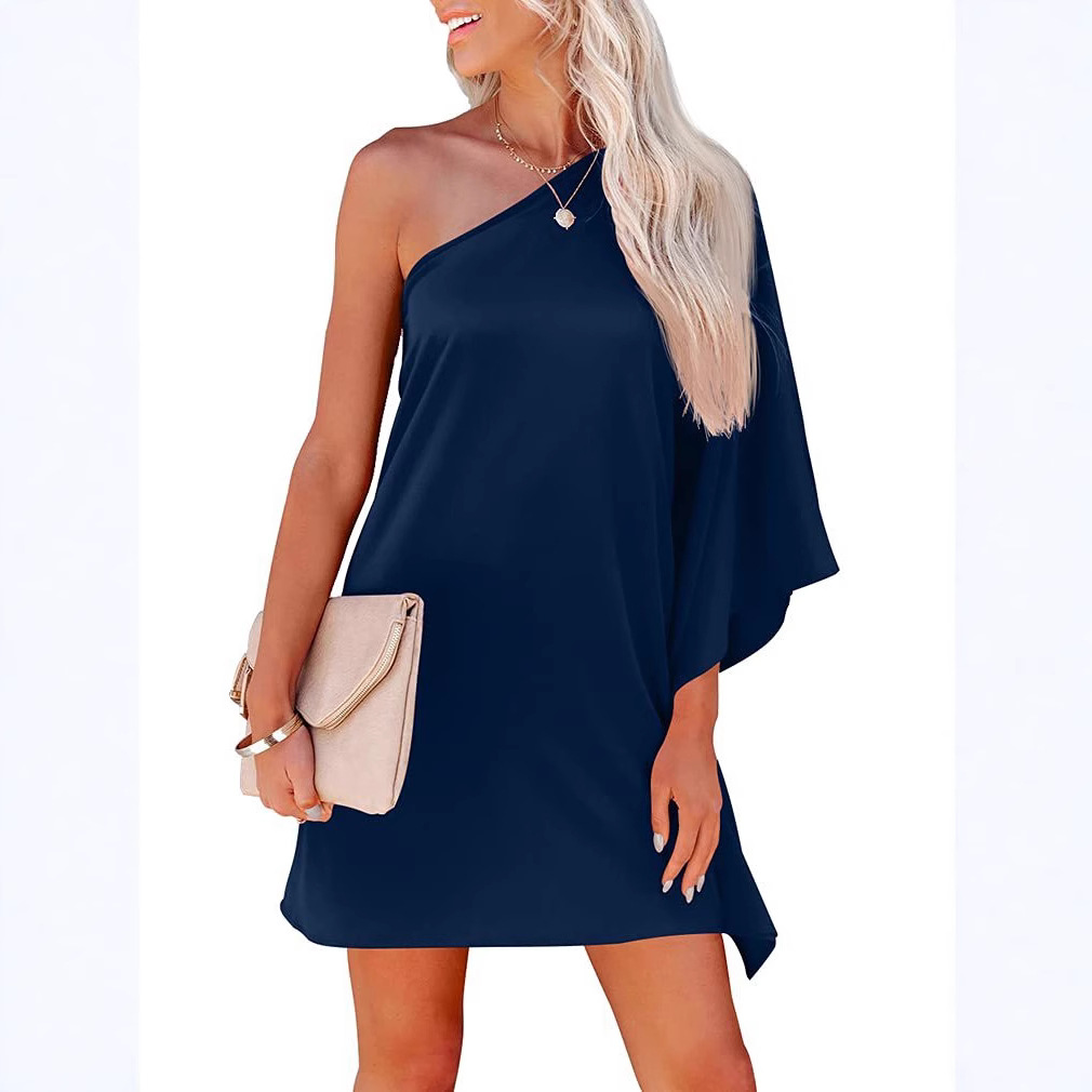 Spring and summer leisure lotus leaf sleeve dress loose temperament one shoulder solid color dress Amazon women's clothing