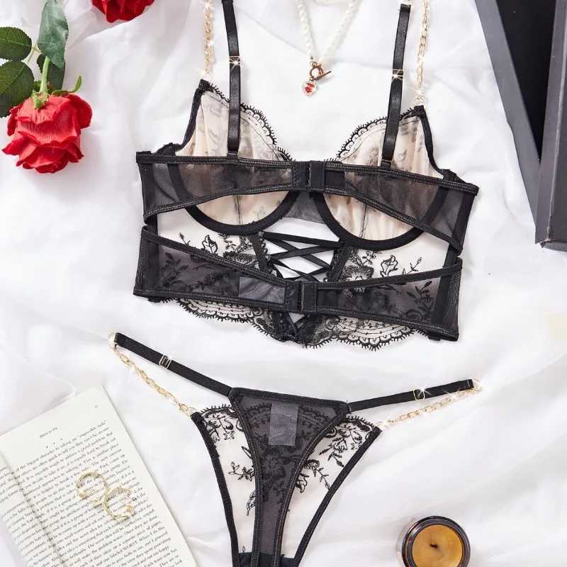 Sexy Embroidery Lingerie Suit for Women Chain Flower Embroidery Cross-belt Hollow Two-piece Set Womens Underwear Suit R250520