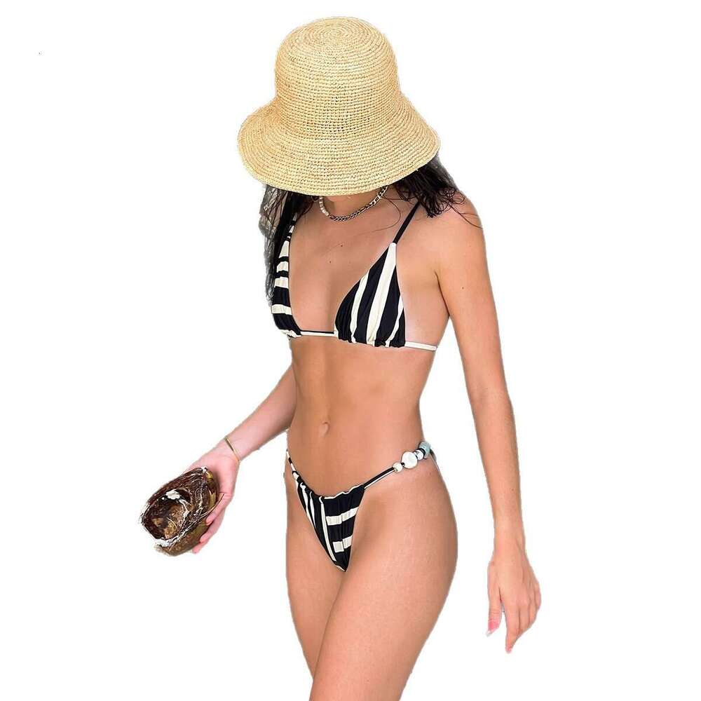 Beach bikini European and American three-point women's sexy striped swimsuit two-piece set 2025 new casual fashion trend clothing