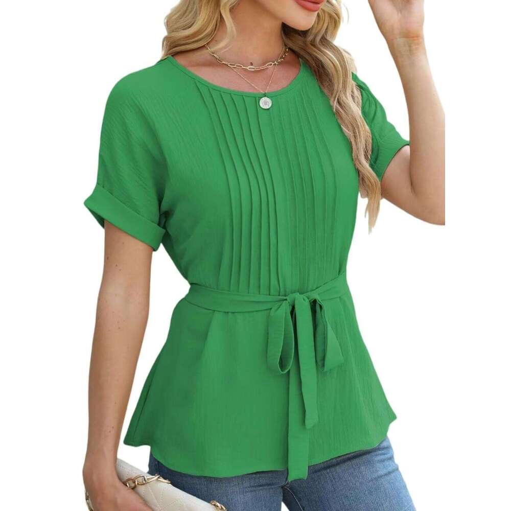 Spring/Summer New Casual Shirt With Ruffle Edge Pleated Round Neck Short Sleeved Top For Fashionable Women B5