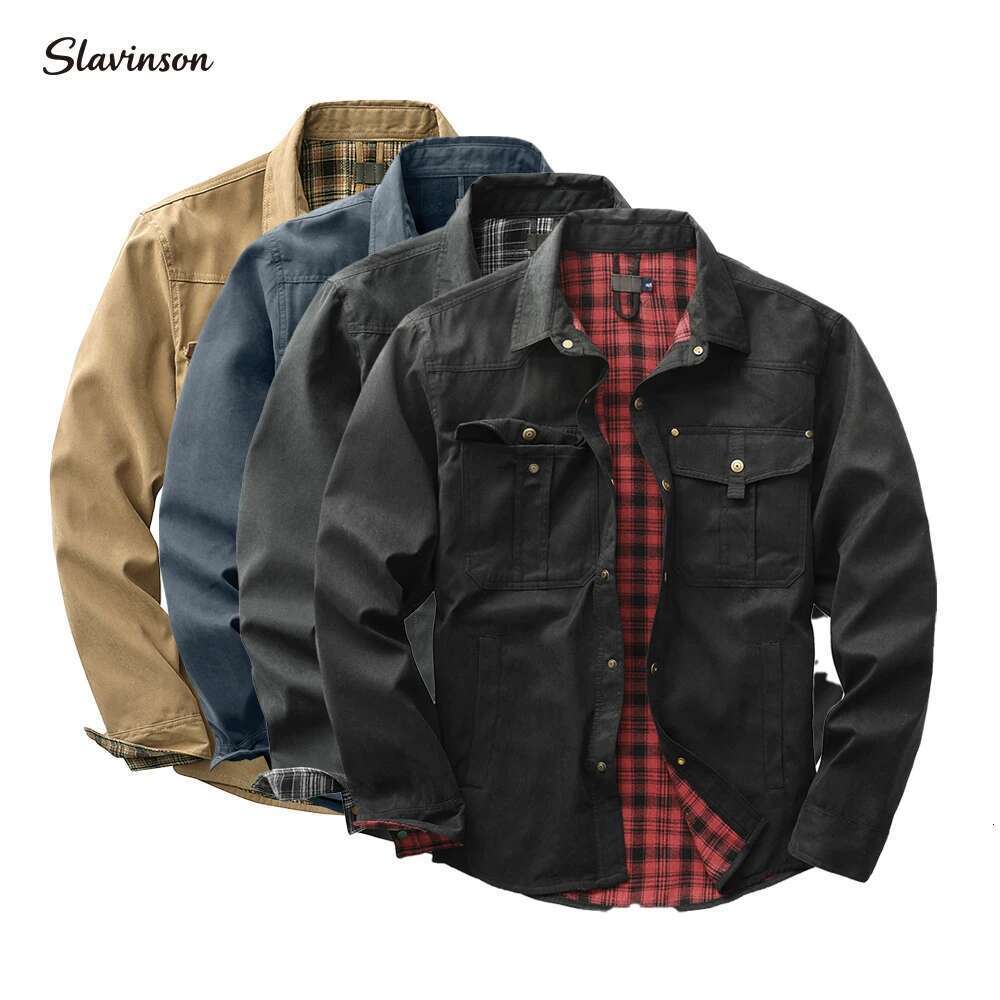 Slavinson Men's Jackets Spring Windproof Bomber Casual High Quality Overshirt Western Cowboy Flannel Plaid Lining Tops US Size Designer