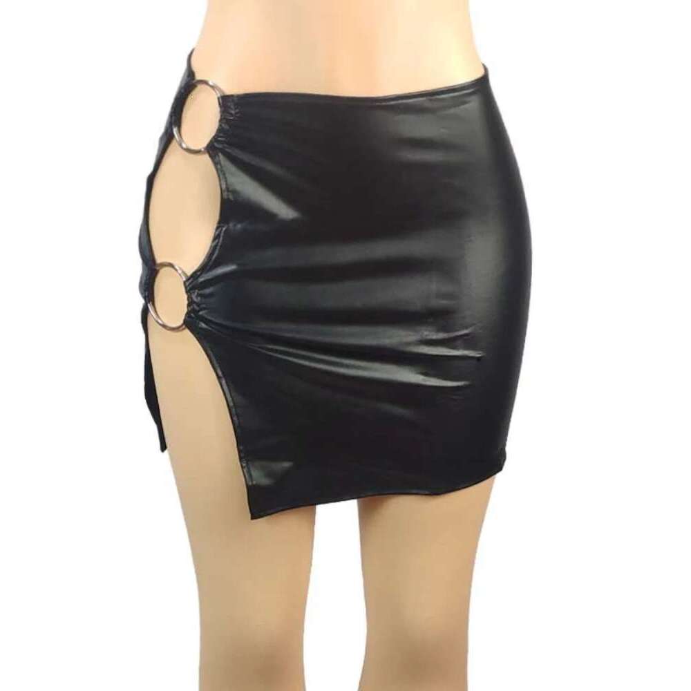 PU Imitation Leather Metal Ring Side Split Mini Women High-Waist Fitess Slim Skirts Vintage Bodycon Skirt Club Party