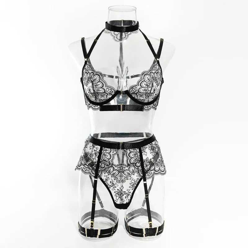 5 Piece Sexy Embroidery Underwear Set for Women Mesh Patchwork See-through Halter Underwear Garters Sexy Lingerie Set R250520