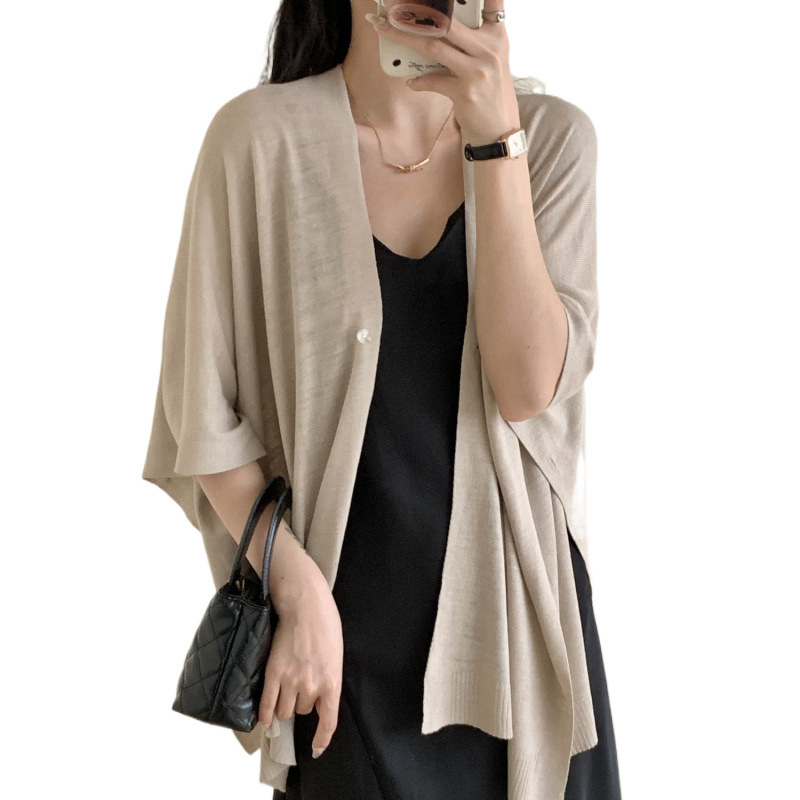 K774 Sunscreen thin knitted shawl color loose button versatile super fairy office medium and long advanced air conditioning outer wear