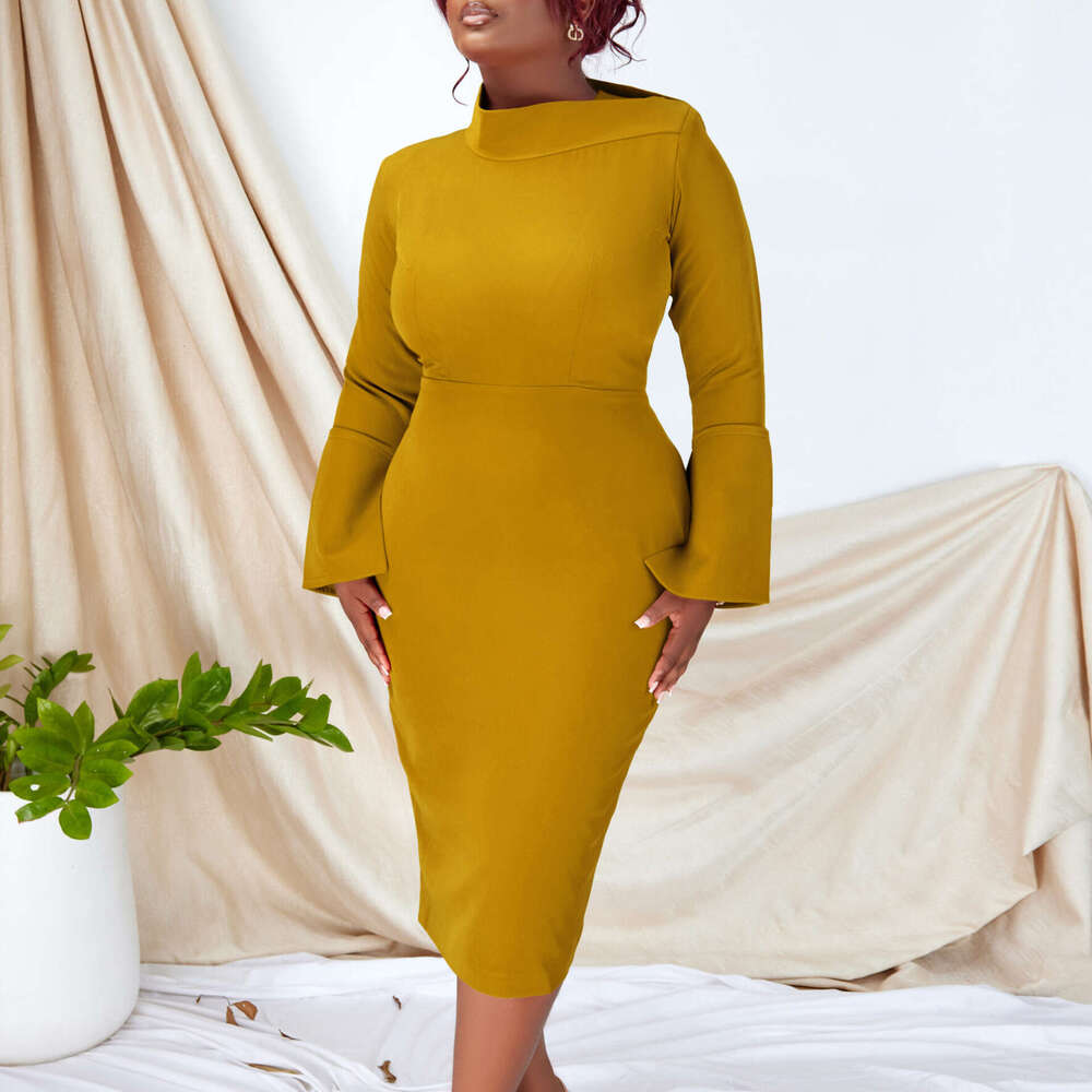 Women's Wear Women's New Fashionable And Elegant Long Sleeved Diagonal Neck Wrapped Hip Elastic Knitted OL Pencil Dress