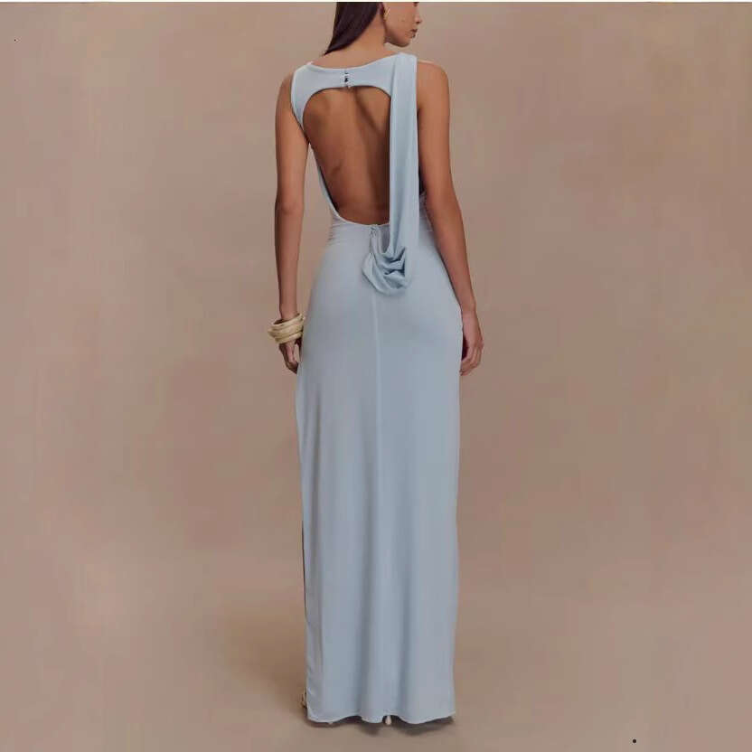 Design inspired with blue round neck backless design, sexy high-end sleeveless slim fit temperament, dress 2025 new casual and versatile fashion cloth