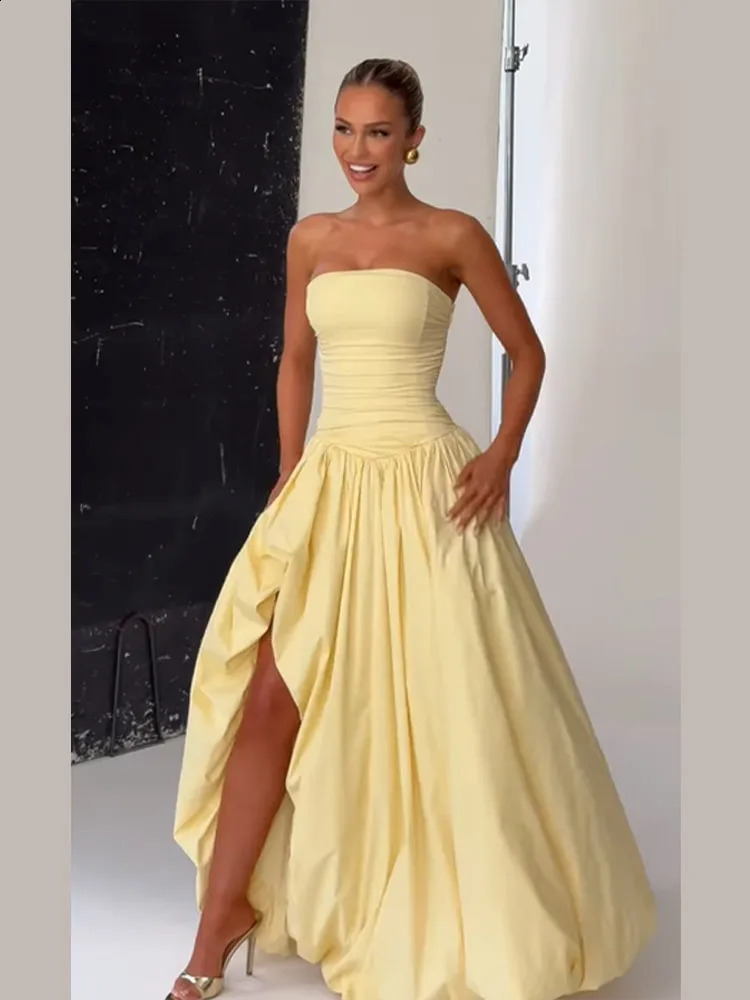 Butter Yellow Womens Party Dress Womens Fashion Strapless A-line Bubble Hem Slim Robes Summer Lady Evening Party Dresses 2025 250519