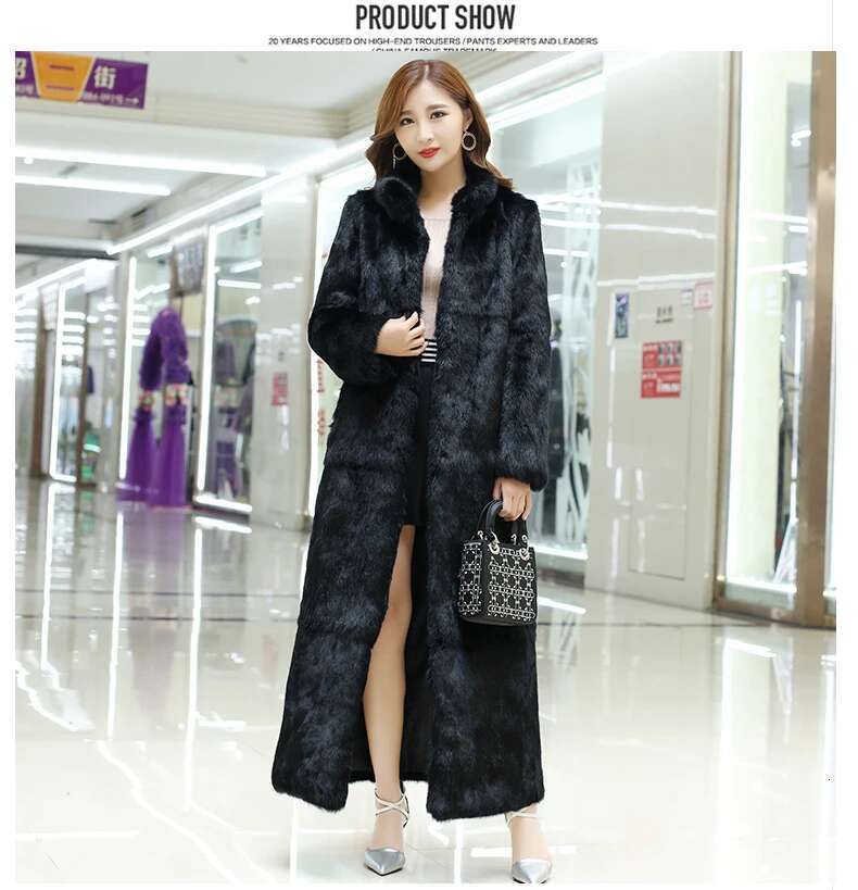New Real Genuine Natural Rabbit Coat Women's Stand Collar X-Long Fashion Fur Jacket Outwear Custom Any Size Designer