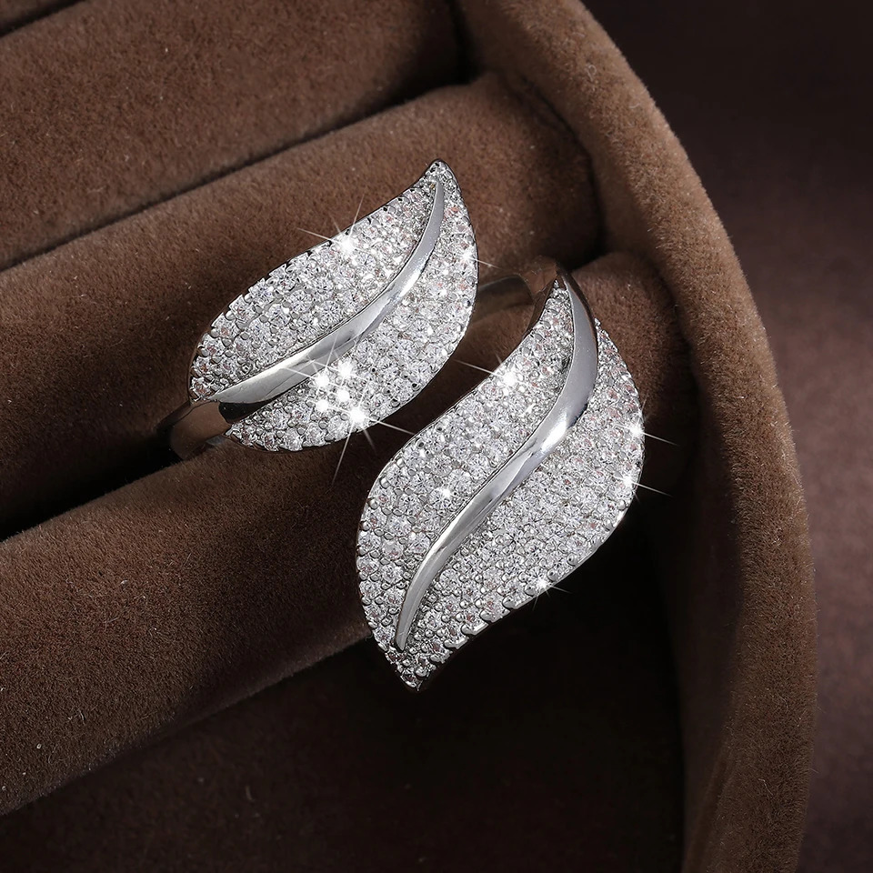 ZAKOL Shiny Micro Paved Zirconia Flower Leaf Adjustable Open Rings Sliver Gold Color Bridal Engagement Wedding Ring Gift 250519