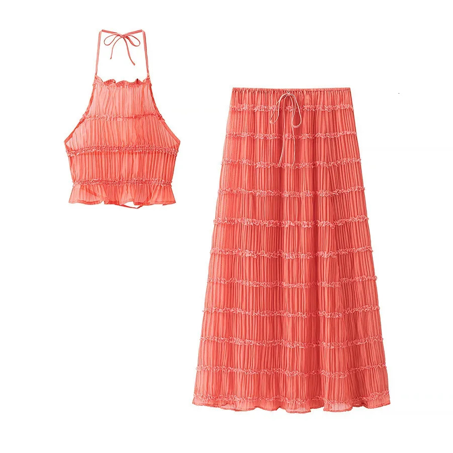ZBZA Women Pleated Top Midi Skirt Set Slim Fit Halter Neck Adjustable Back Tie Solid Elastic Waist Aline Summer Suit 250520