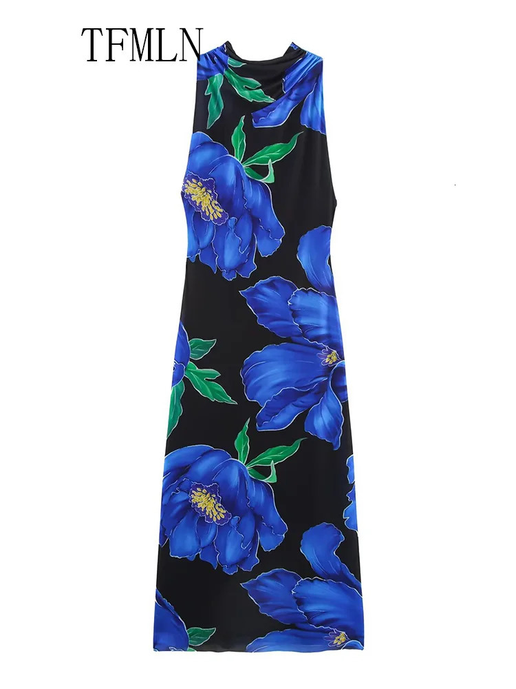 TFMLN Elegant Women Printed Halter Long Dress Summer Sleeveless Slim Backless Tulle Thin Party Fashion Causal 250520