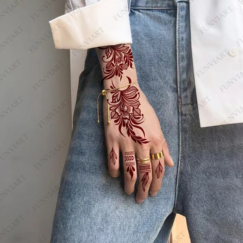9 Sheets Temporary Henna Tattoos for Women Maroon Flower Leaf Henna Hand Tattoo Stickers Suitable for Wedding Festival Body Art 250515