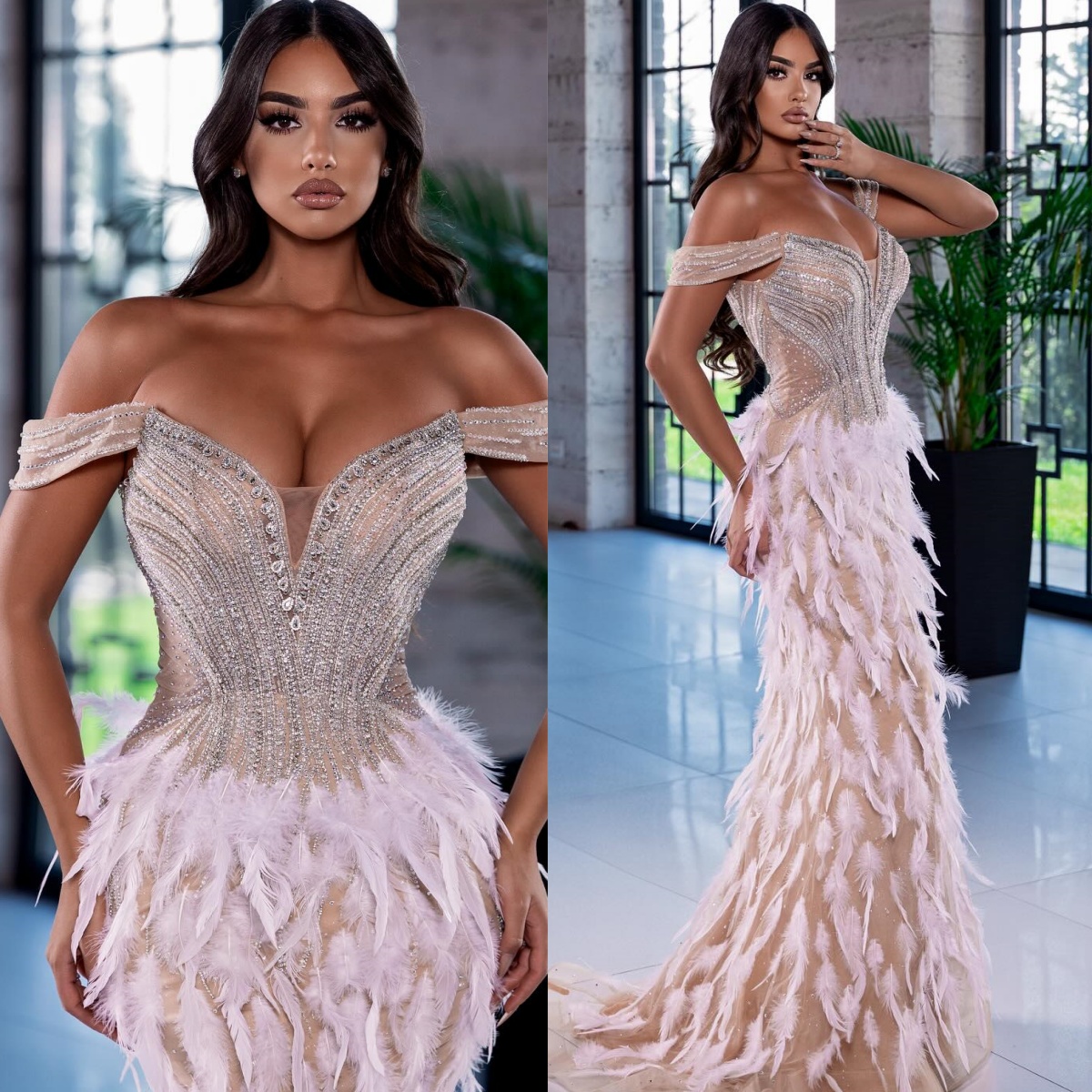 Elegant Evening Dresses Off Shoulder Feather Prom Dress Beading Rhinestone Princess Mermaid Sweep Train Party Gowns Plus Size Vestidos De Noche