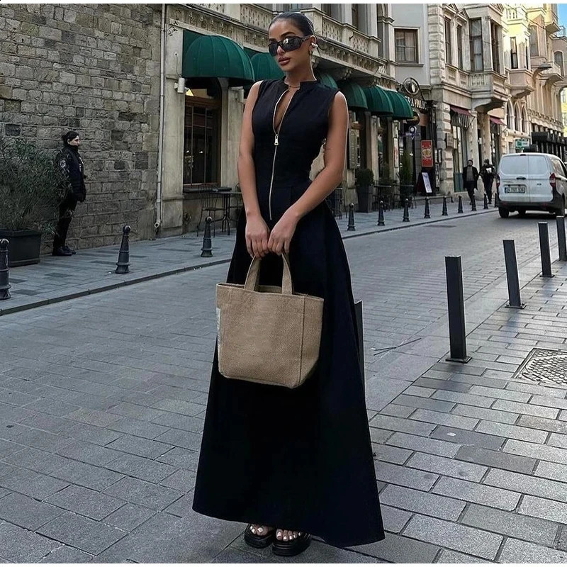 Summer Elegant Solid Sleeveless Women Maxi Dress Fashion V-neck Zipper Slim Cotton Linen Dresses 2024 Office Lady Commuting Robe250514