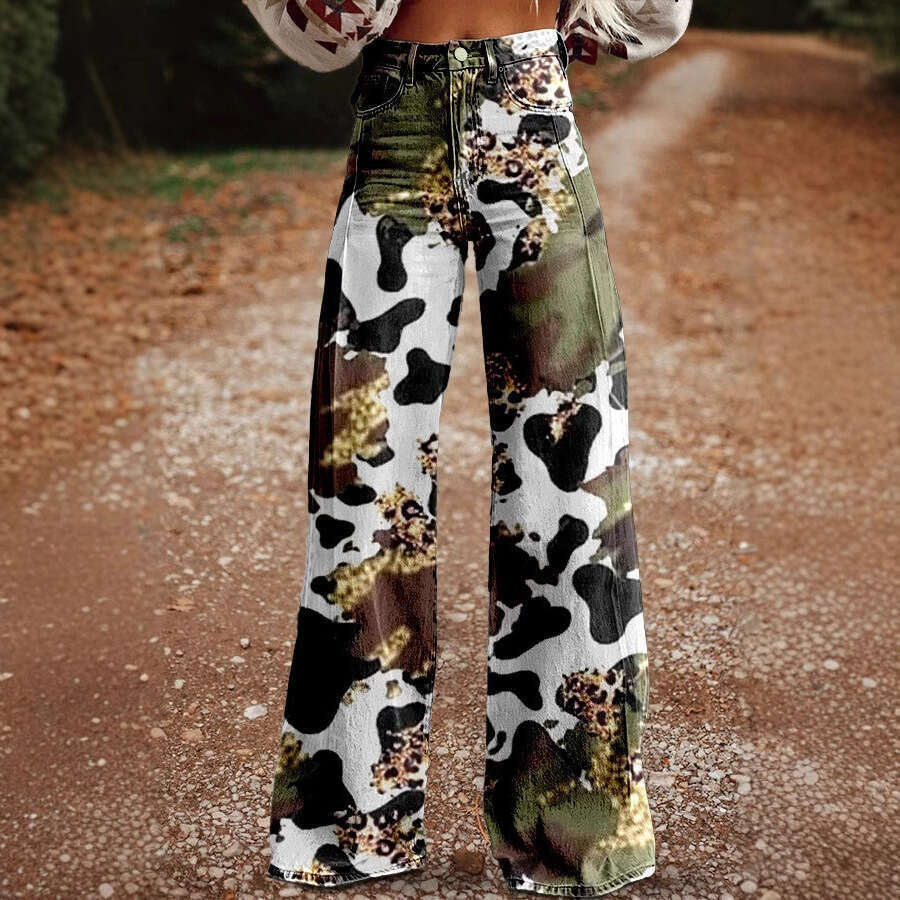 High-Waisted Wide-Leg Printed Stretch Jeans - Women's Casual Fashion Staple