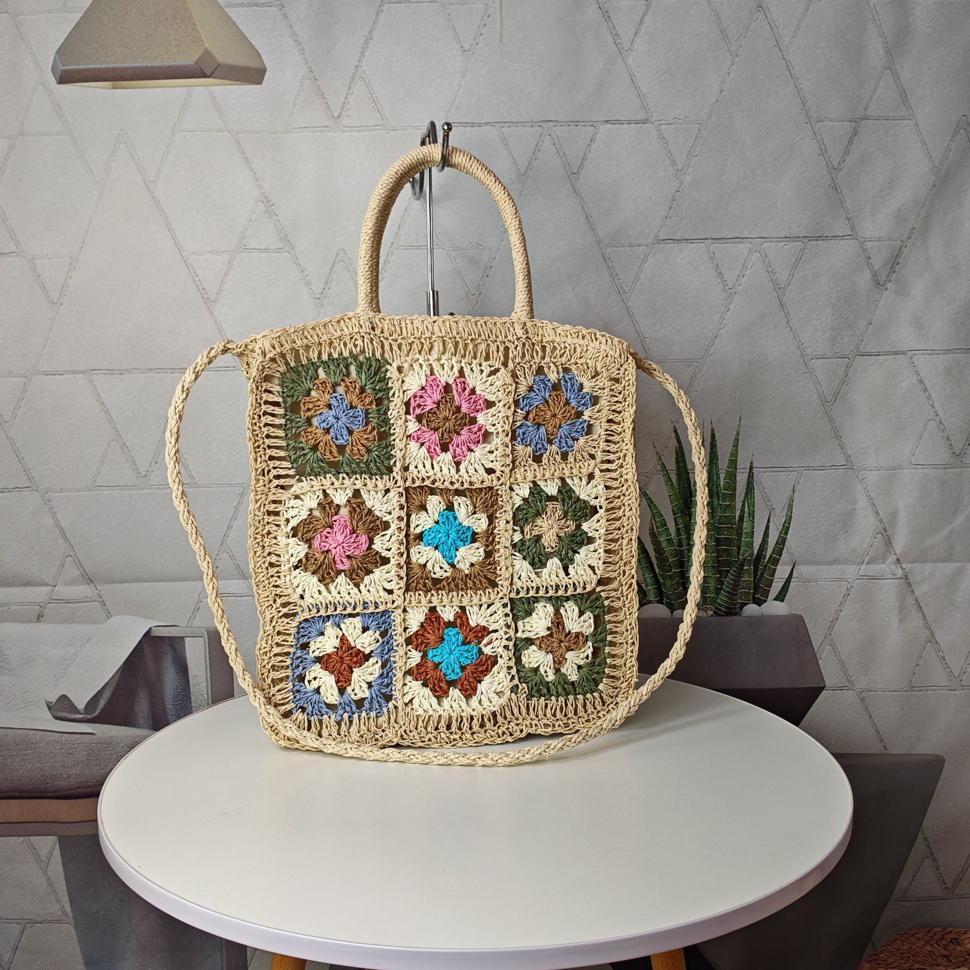 designer bag Bohemian style handbag shoulder handmade hook flower splicing crossbody grass woven bag