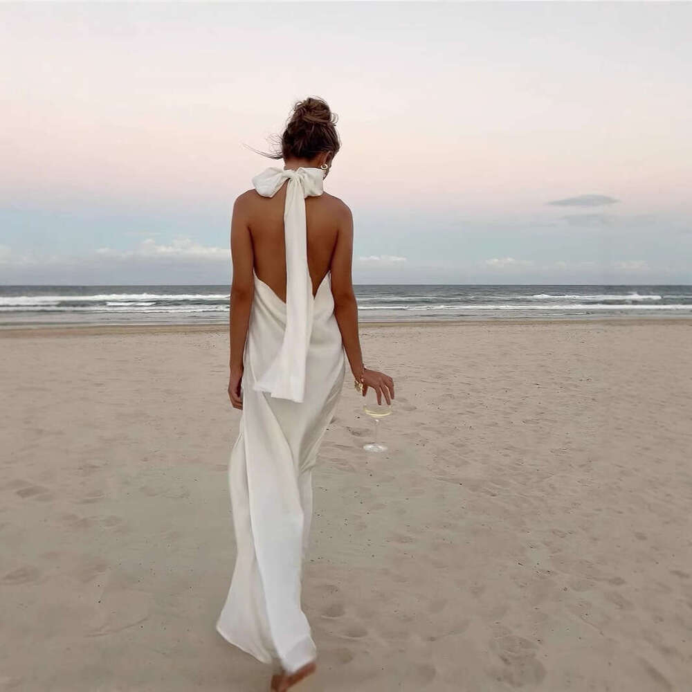 2025 Top selling Satin Summer Cool and Retro White Hook Flower Neck Hanging Evening Long Dress New Casual Fashion Trendy Clothing