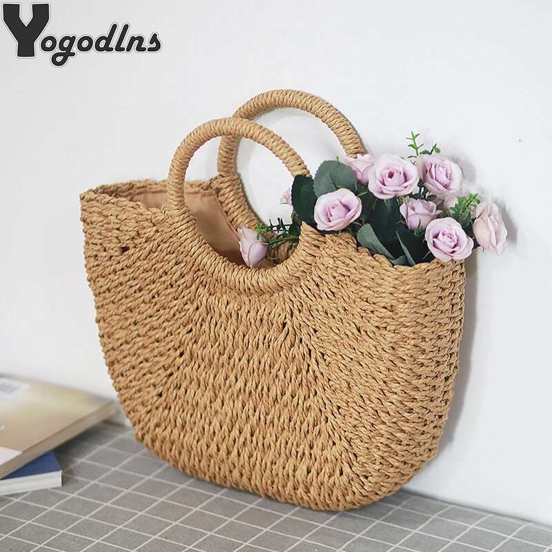 Summer Handmade Bags For Women Weaving Ladies Straw Wrapped Beach Bag Moon Shaped Top Handle Handbags Totes