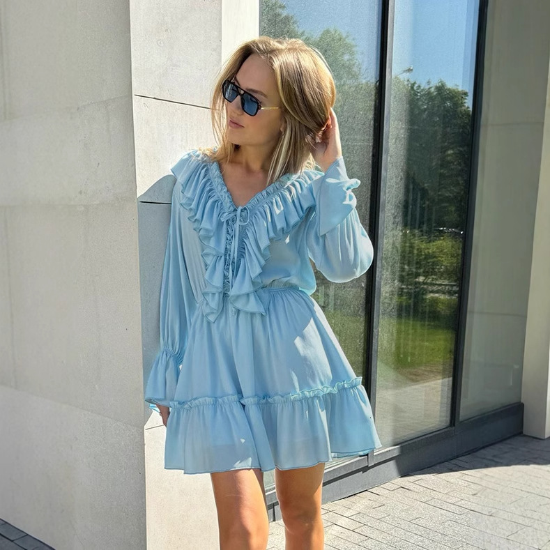 V-neck Women's 2025 Spring/summer New Flared Sleeve Dress Chiffon Short Skirt Sexy Girl Plus Size Dress Designer Dress