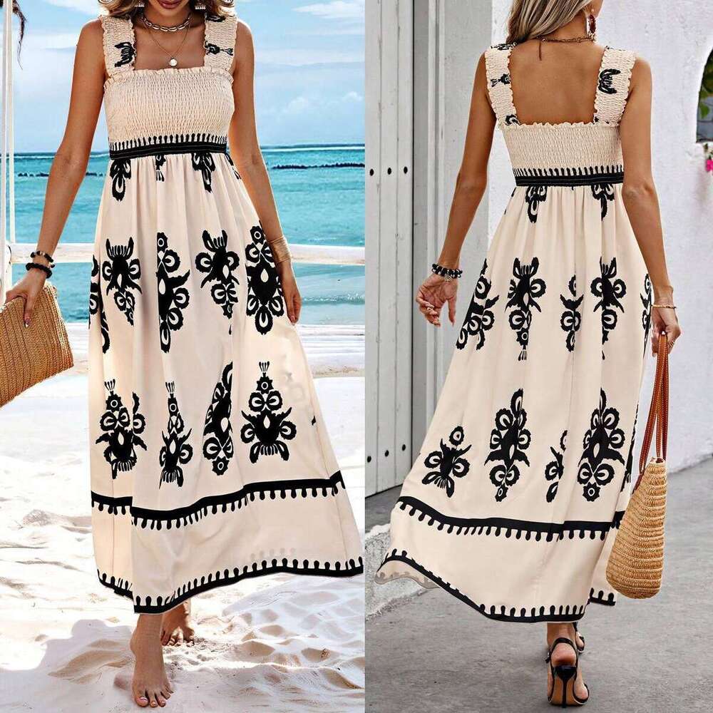 New hot selling women's beach dresses in Europe and America, vacation style printed chest wrapped dresses, 2025 new casual fashion trend clothing