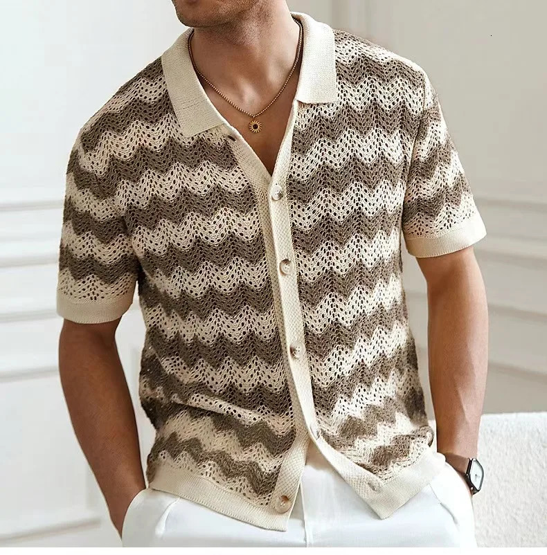 Summer Fashion Mens Knitting Shirts Vintage American Hollow Jacquard Corrugated Knit Cardigan Tops Men Buttoned Lapel Shirt 250520