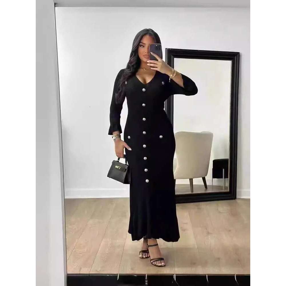 Elegant Knitted Long Dress Women Flare Sleee V Neck Ruffles Single Breasted Bodycon Dresses Party Fashion Office Lady Vestidos Designer