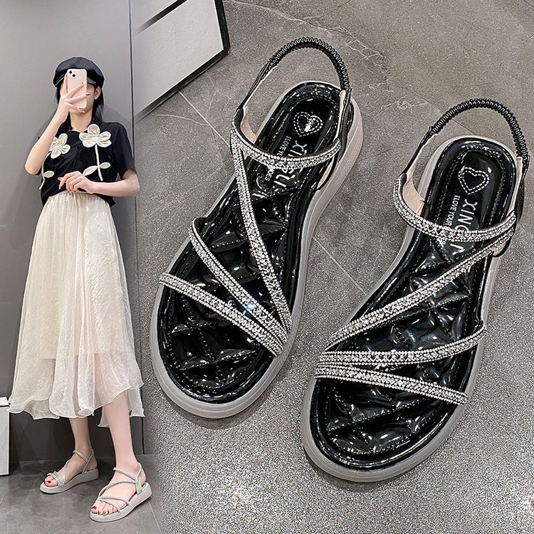 Free shipping designer ladies' versatile rhinestone sandals 2025 Summer fairy style flat thick-soled Roman shoes