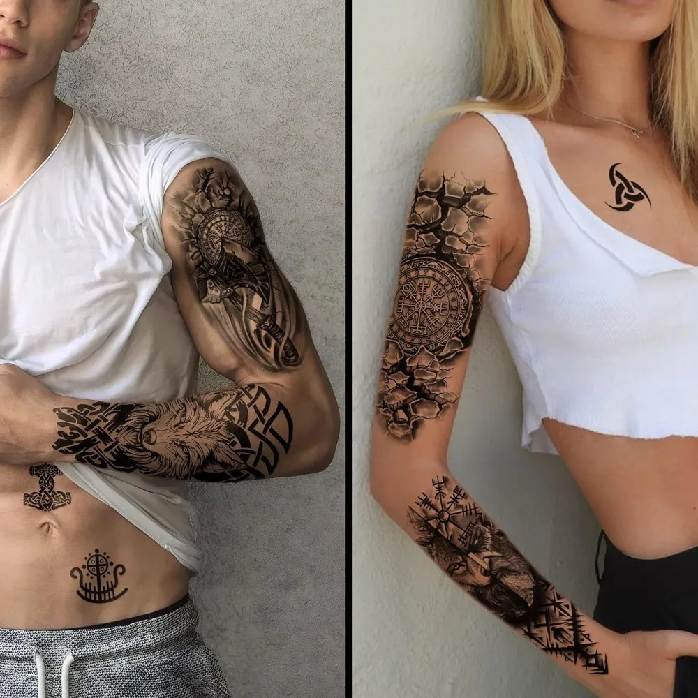 Half arm norse wolf tiger lion eagle skeleton fake tattoo man and woman black tribal body realistic tattoo sticker 250515