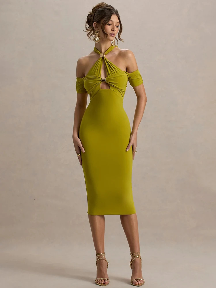 Mozision Hollow Out Halter Backless Sexy Midi Dress Women Fashion Offshoulder Sleeveless Skinny Club Party Long Elegant 250520