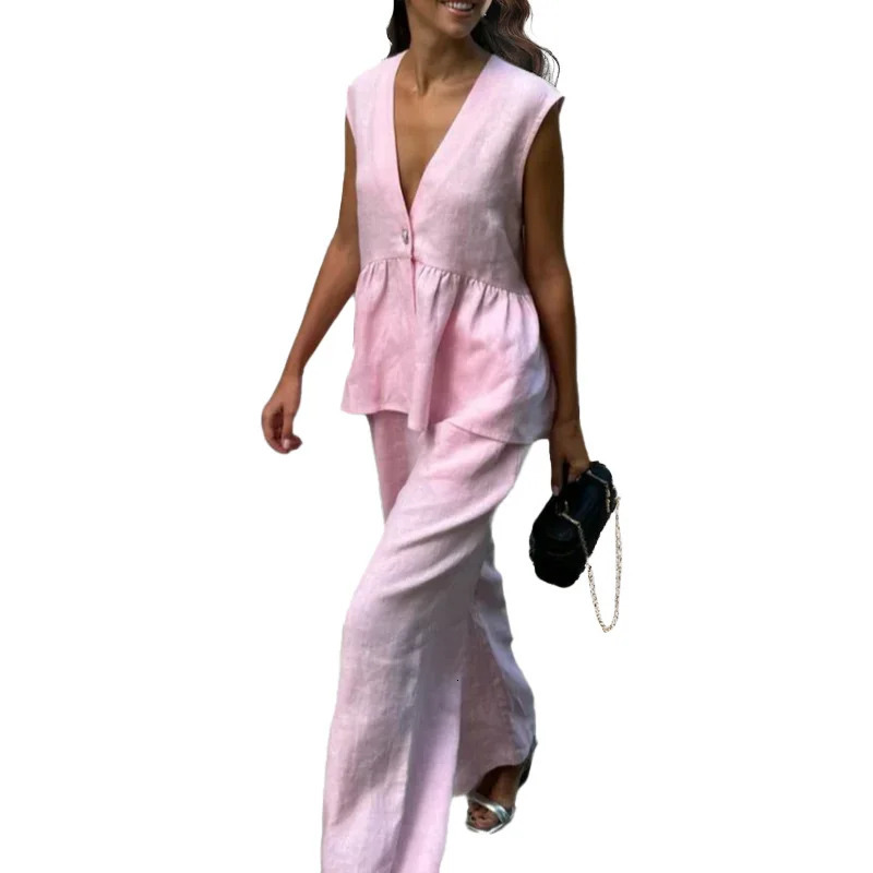 Womens Two-piece Elegant and Fashionable Solid Color V-neck Sleeveless Vest Pants Set for Summer 2025 250516