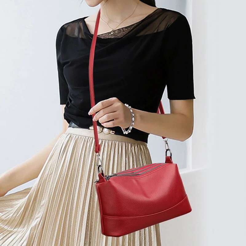 2024 Large Capacity Women's Handbags 3-Layer Zipper Solid Color PU Leather Lady's Shoulder Bags Female Cross Body Handbag