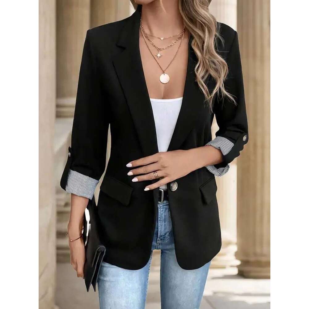 New Fashionable Casual Button Up Slim Fit Seven Quarter Rolled Sleeve Solid Color Work Office Suit Jacket