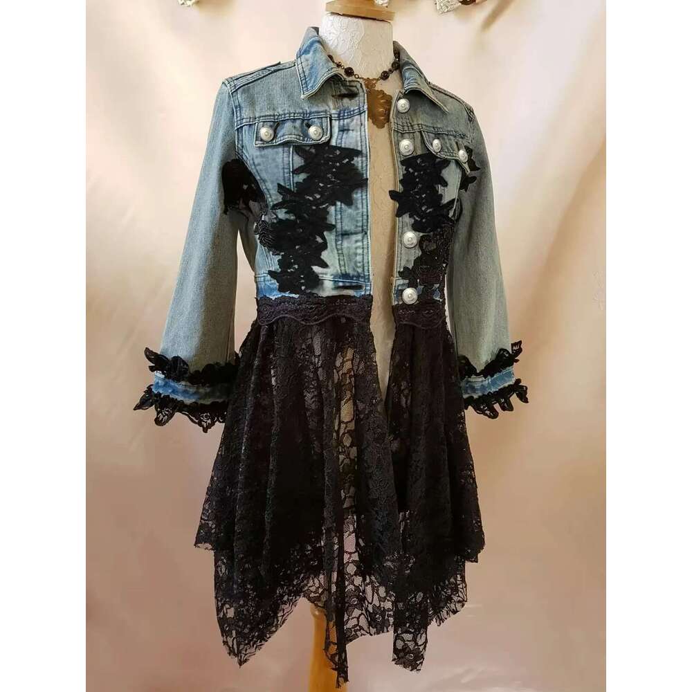 Lapel Women Lace Hook Flower Hollow Out Patchwork Frayed Edges Hole Denim Jacket Autumn Streetwear Jean Coat 2024