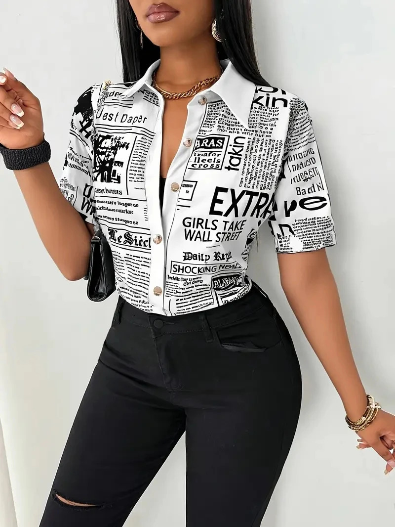 Women Summer Fashion spaper Print SingleBreasted VNeck Shirt 250514