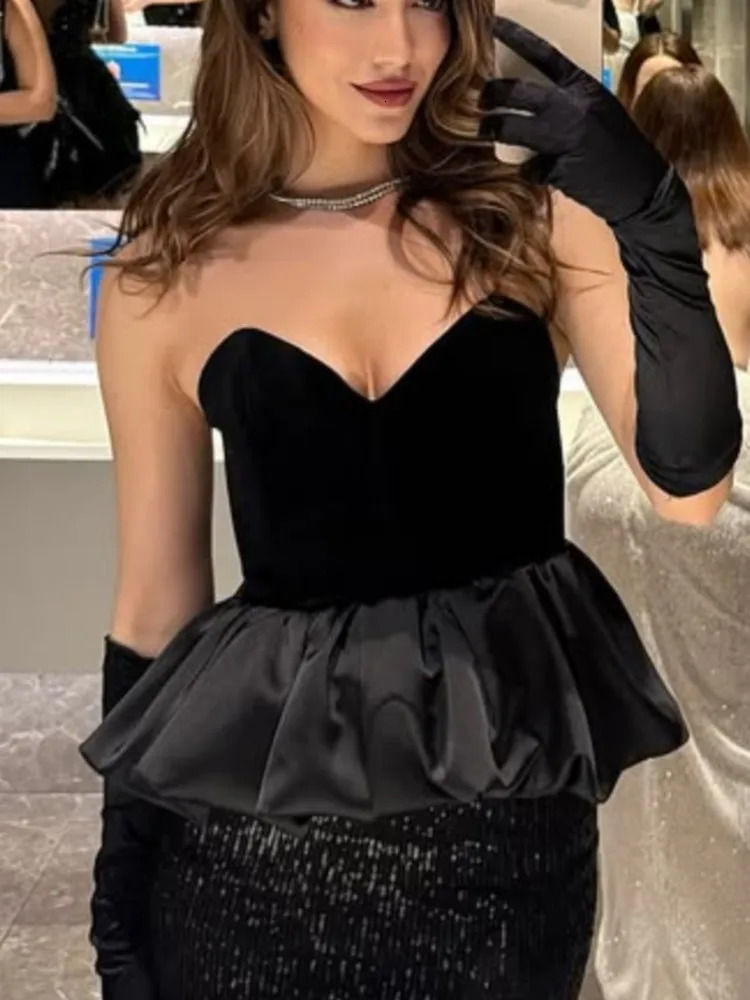 Heart-Shaped Collar Strapless Top Velvet Deep V Sleeveless Slimming Floral Bud Fluffy Hem Blouse Women Solid Color Vest 250519