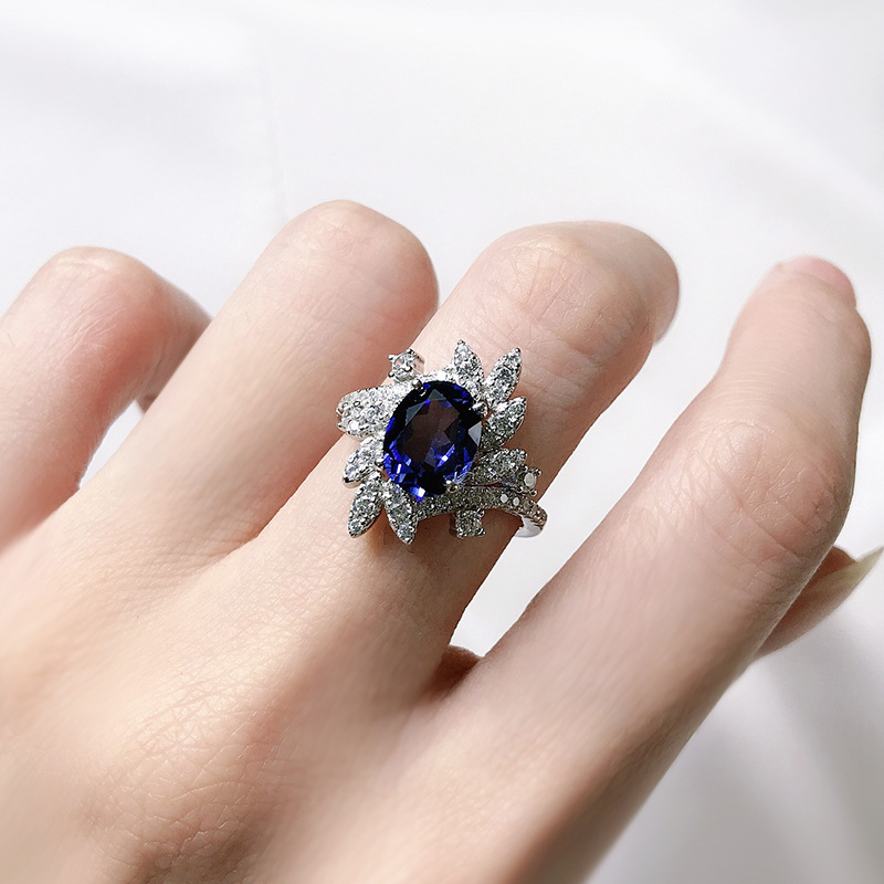 New 925 Sterling Silver Oval Synthetic Blue Sapphire Ring with Ice Flower Design, 7*9mm, Elegant and Luxurious Jewelry for Women.