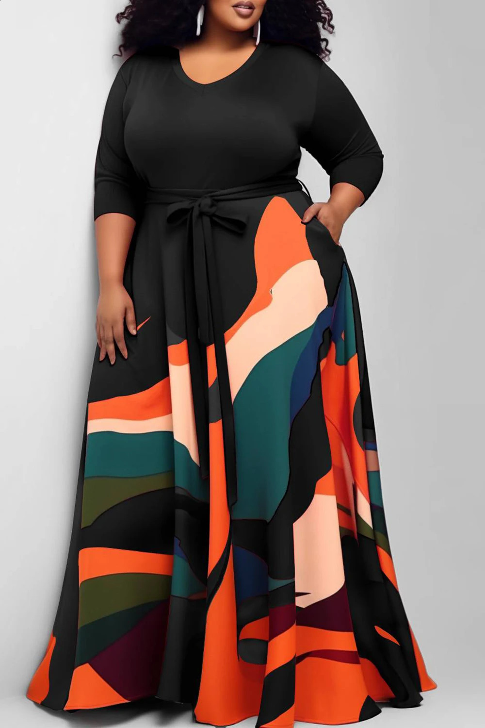 Plus Size Casual Dress Red All Over Print Round-Neck Knitted Maxi Dress With Pocket 250519