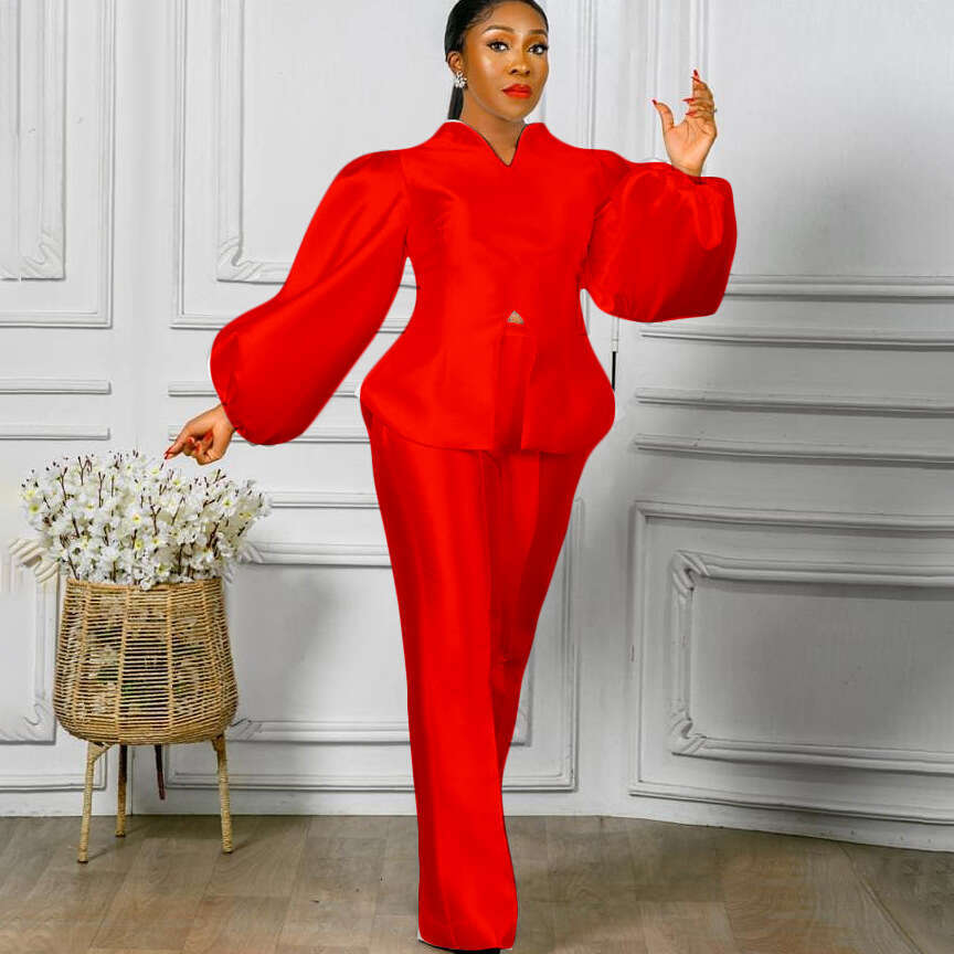 Women's Wear Solid Color Bubble Sleeve Top Wide Leg Long Pants Two Piece Women's Fashion Set