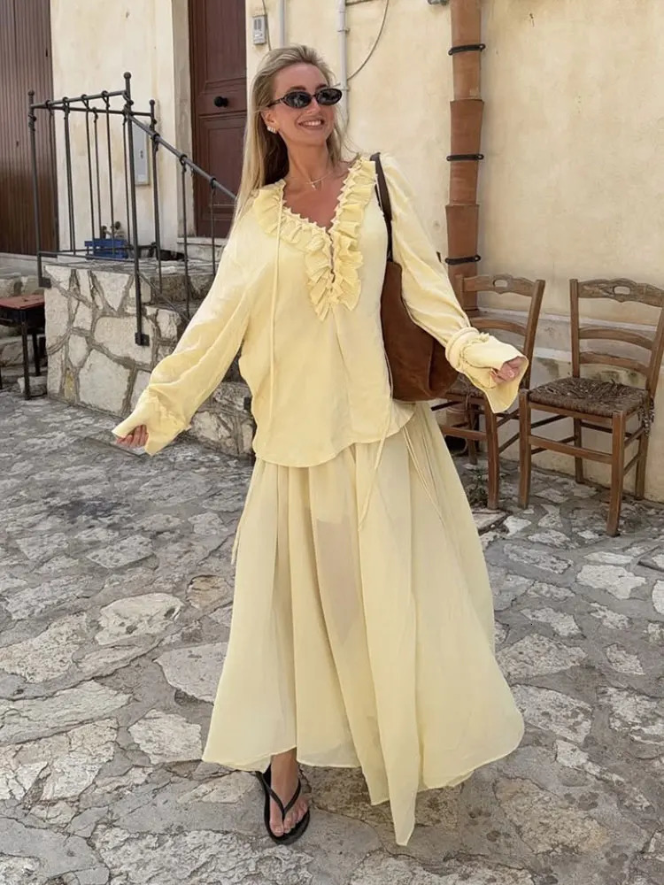 TRAFZA Women Yellow 2 Piece Set Elegant Ruffled Laceup Shirts High Waist Pleated Midi Skirt Summer Lady Street Outfits 250520